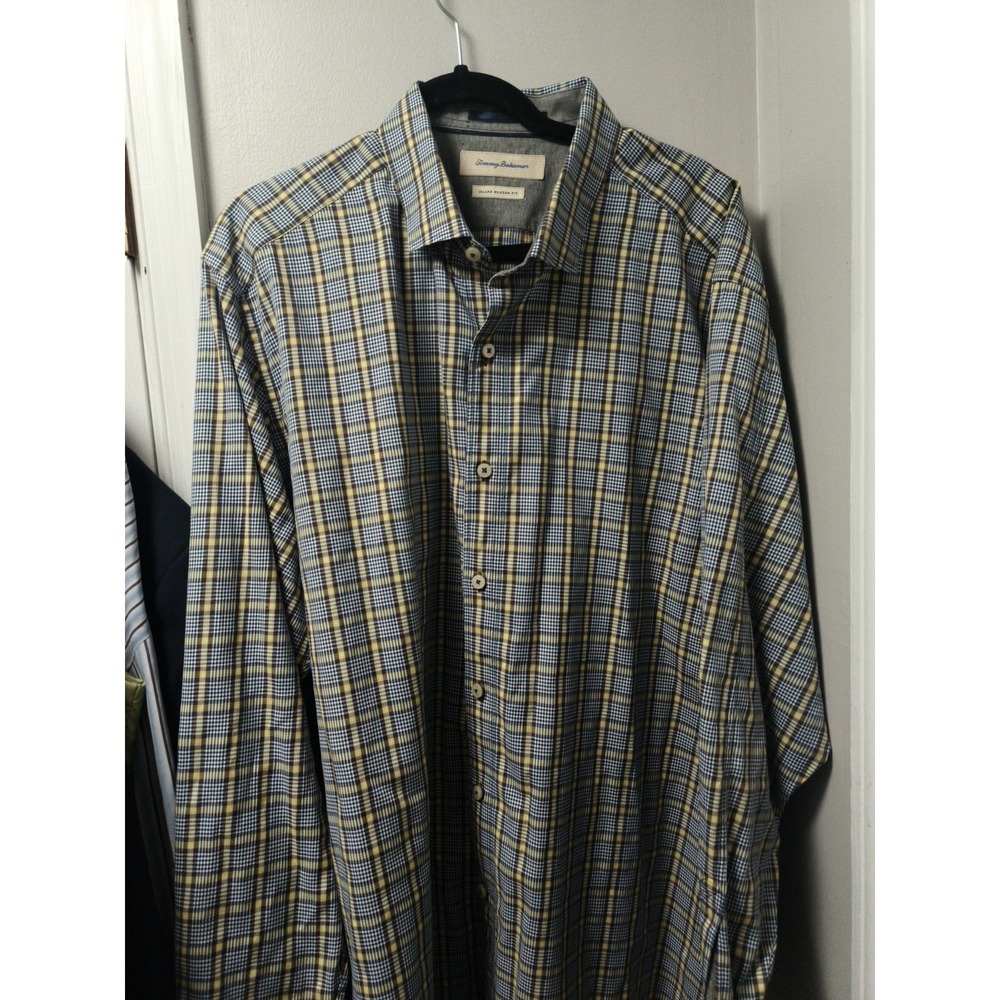 Tommy Bahama Shirt Mens XXL Yellow Black Plaid Island Modern Fit 100% Cotton